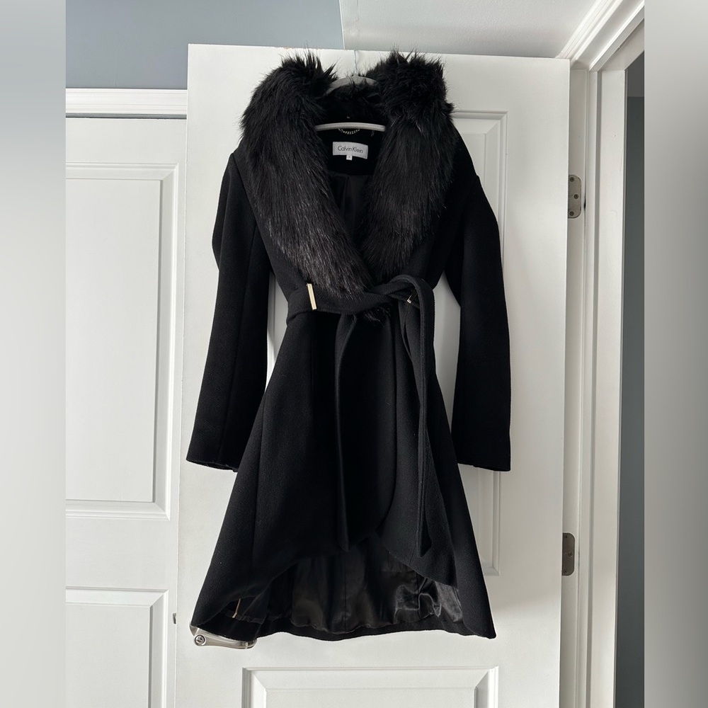 Calvin Klein Black Wool Wrap Coat Detachable Fur Collar Size 6 - Picture 5 of 9